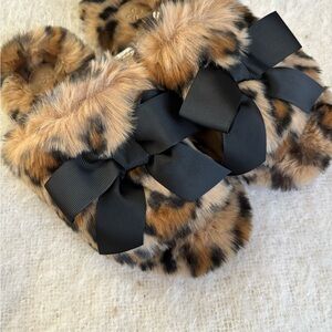 Anthropologie Leopard Faux Fur Slippers with Black Ribbon